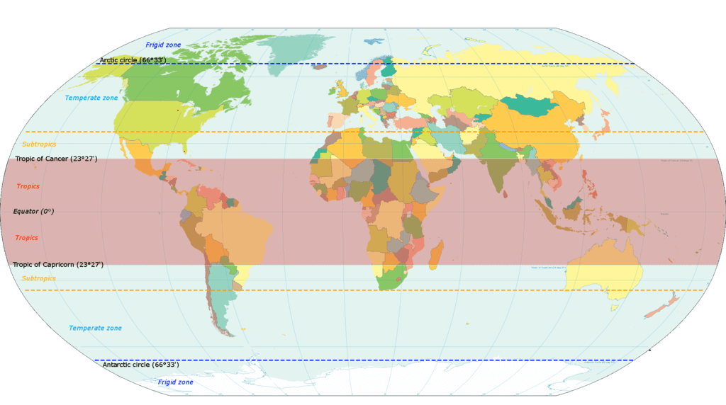 World map showing tropic, subtropic, temperate, and frigid zones