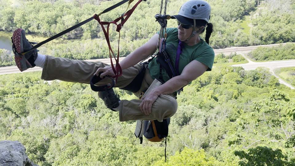 Amy Ries getting ready to ascend at Castle Rock in Bluff Siding, WI.