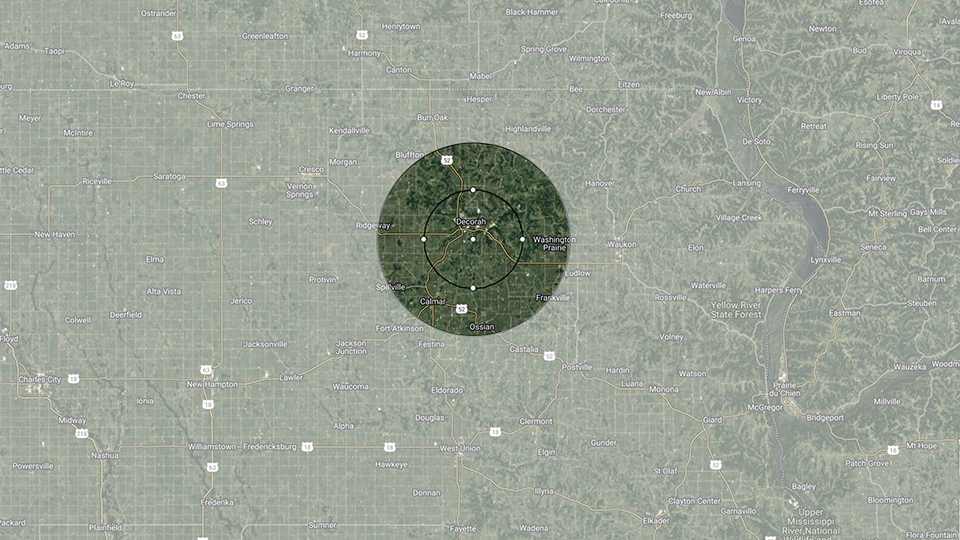 Two circles with radii of five and ten miles, centered on the hatchery. That's a lot of ground!