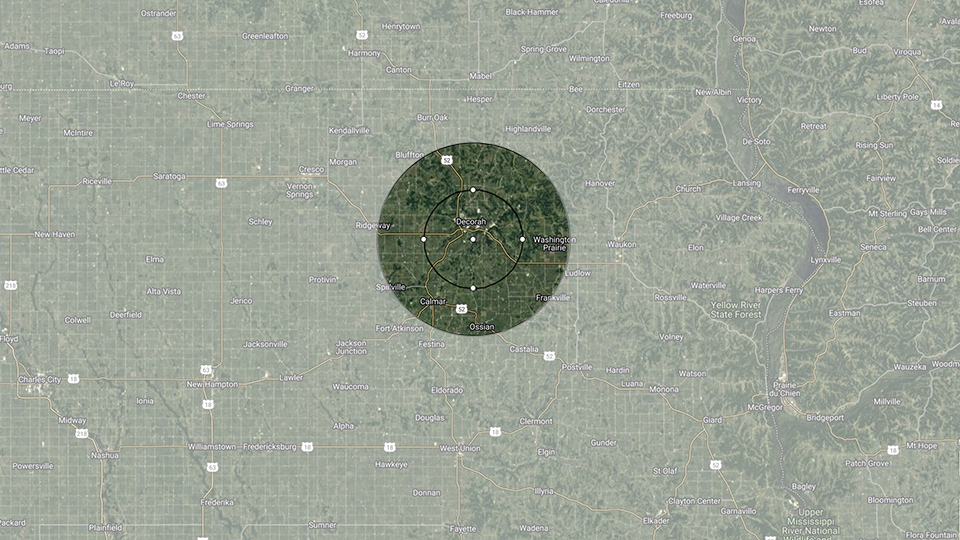 Two circles with radii of five and ten miles, centered on the hatchery. That's a lot of ground!