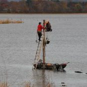 October 27, 2022: Adding a second camera to the Flyway. John is on a ladder and Amy is on a deer stand. They are hauling the camera up to the platform for mounting on top of the pole.