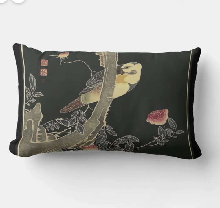 Parrot on the Branch of a Flowering Rose Bush Lumbar Pillow