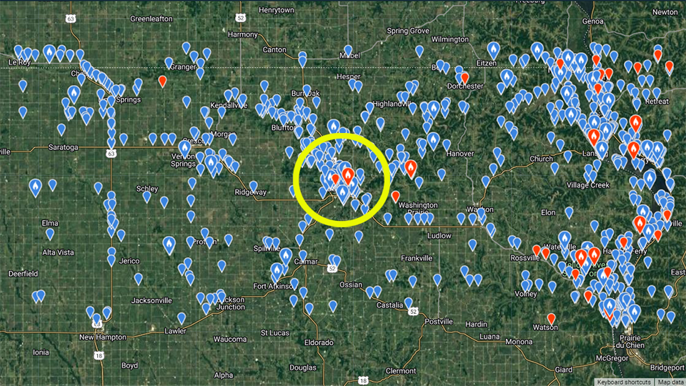 eBird map. Bald eagles in NE Iowa from December through the end of February, last ten years.