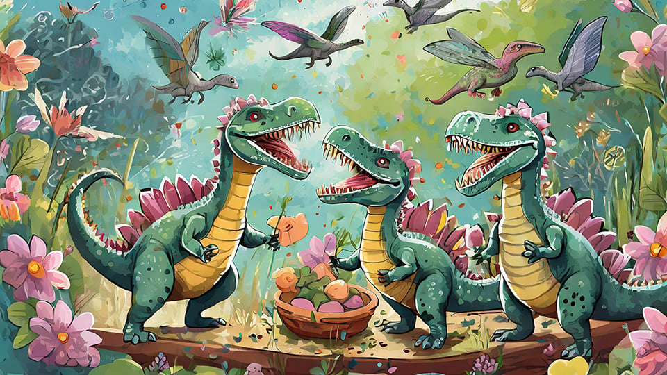 In the spring, a young dinosaur's thoughts lightly turn to love. Image by Firefly AI.
