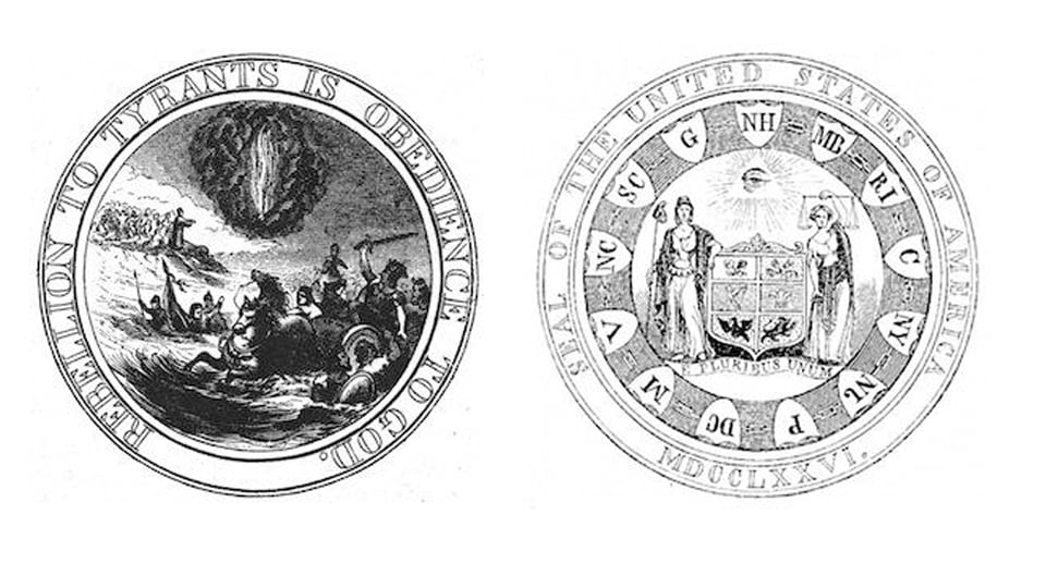 A rendering of the first Great Seal design submitted to Congress, as drawn by Pierre Eugene du Simitiere.